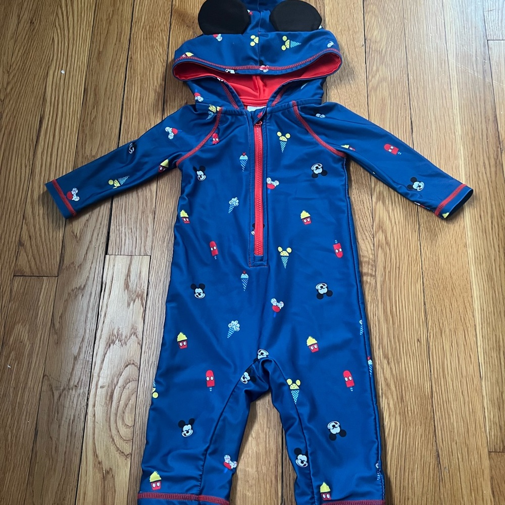 Disney Mickey Mouse Hooded Rash Guard Coverall Swimsuit • Size 6-9m